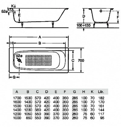 Чугунная ванна Roca Continental 160х70 21291200R с антискользящим покрытием