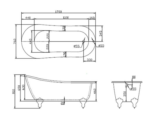 Ванна Belbagno BB06-1700 170х76 акриловая (ножки бронза заказываются дополнительно)