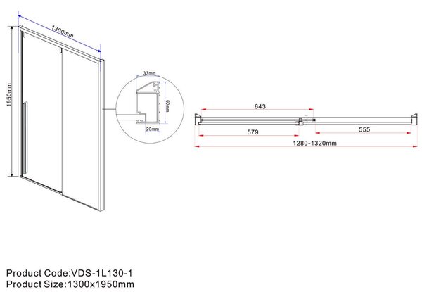 Душевая дверь Vincea Лугано (Lugano) VDS-1L130CLB-1 130x195 см, профиль черный матовый. Размер регулировки 1280-1320 мм