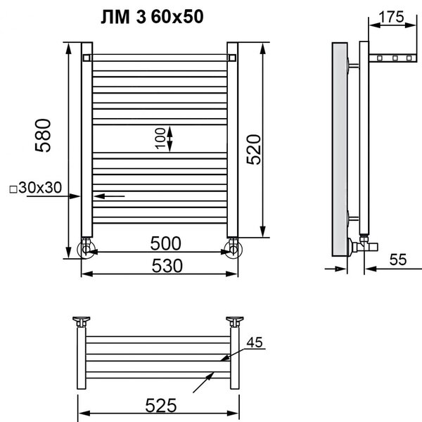 Полотенцесушитель Ника MODERN ЛМ-3 60/50 с вентилями (комплект люкс)