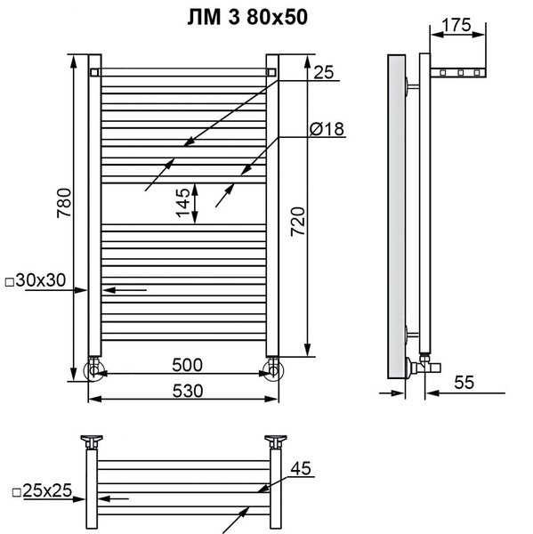 Полотенцесушитель Ника MODERN ЛМ-3 80/50 RAL9005 черный матовый с вентилями (комплект люкс)