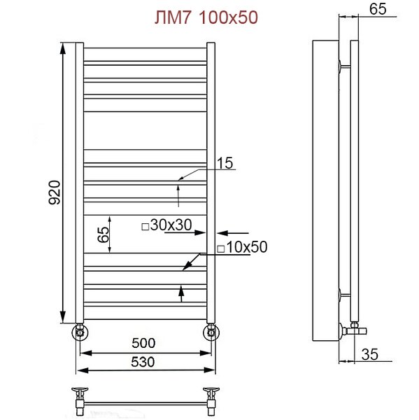 Полотенцесушитель Ника MODERN ЛМ-7 100/50 Matt Antique Silver с вентилями (комплект люкс)