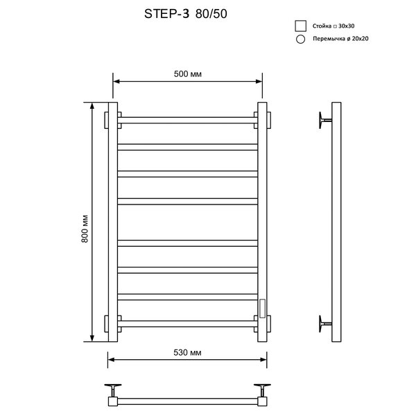 Полотенцесушитель Электрич.кабельный Ника STEP-3 80/50 RAL9016 белый матовый правый тэн