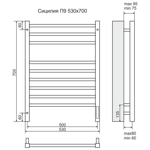 Полотенцесушитель с/т Terminus Электро Сицилия П9 500х700 (6+3) (sensor quick touch)
