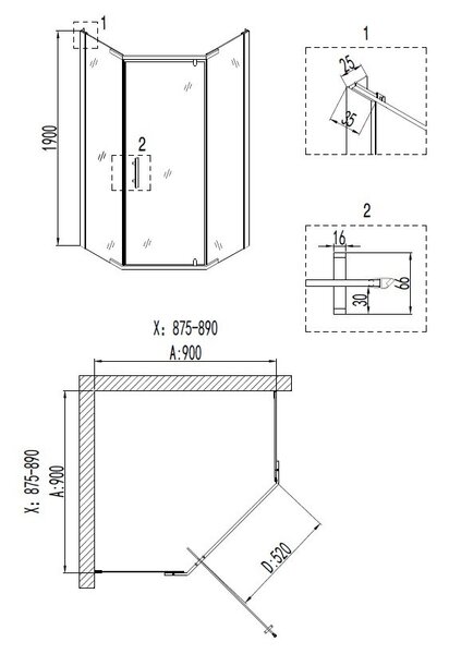 Душевое ограждение Niagara NG-6805-08 BLACK (90*90*190) трапеция, дверь распашная
