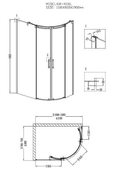 Душевое ограждение Grossman GR-4110L Galaxy 110*80*190 двери раздвижные