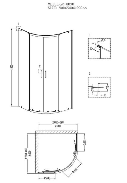 Душевое ограждение Grossman GR-0090 Classic 90*90*190 полукруг, двери раздвижные