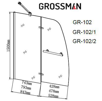 Шторка для ванны GROSSMAN GR-102/2 (150*110) алюминиевый профиль, стекло ПРОЗРАЧНОЕ 6мм