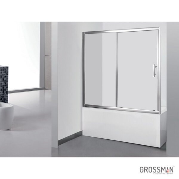 Шторка для ванны GROSSMAN GR-170/2 (140*170) алюминиевый профиль, стекло ПРОЗРАЧНОЕ 6мм