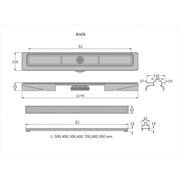 Желоб BERGES водосток В1 Antik 800, хром глянец, S-сифон D50/105 H50 вертикальный