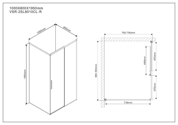 Душевой уголок Vincea Slim VSR-2SL8010CL-R, 1000*800, хром, стекло прозрачное, правый