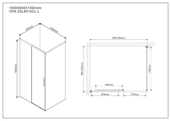 Душевой уголок Vincea Slim VSR-2SL8010CL-L, 1000*800, хром, стекло прозрачное, левый