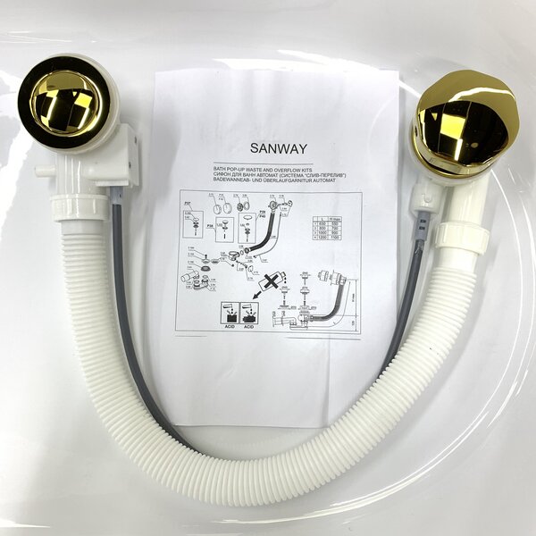 Сифон, слив перелив для ванны золото. Обвязка для ванны полуавтомат с гидрозатвором Sanway DR-004 DORATO. Накладки из металла в золотом цвете.