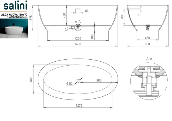 Ванна отдельностоящая Salini ALDA 160х70 материал S-Sense 101914G покрытие Глянцевое