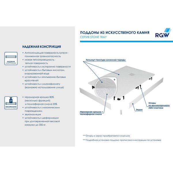 Душевой поддон из искусственного камня RGW STM-158W 150х80х2,5 см