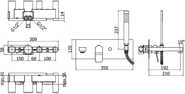 Смеситель для ванны с душем Paffoni Tilt TI001CR (с внутренней частью)