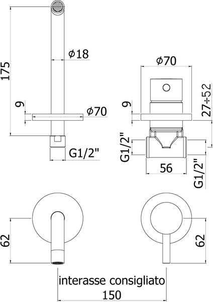 Смеситель для раковины Paffoni Light LIG006BO70 (с внутренней частью)