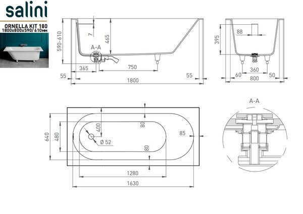 Ванна Salini ORNELLA KIT 180x80 материал S-Sense 102412M покрытие Матовое