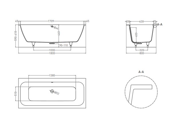 Ванна Salini ORLANDA AXIS 180x80 материал S-Sense 103212G покрытие Глянцевое