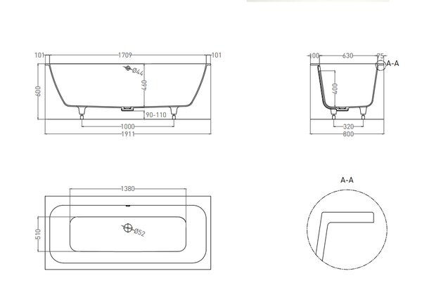 Ванна Salini ORLANDA AXIS 190x80 материал S-Sense 103211G покрытие Глянцевое