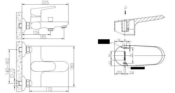 Смеситель для ванны c коротким изливом Bravat Pure (F6105161C-01)
