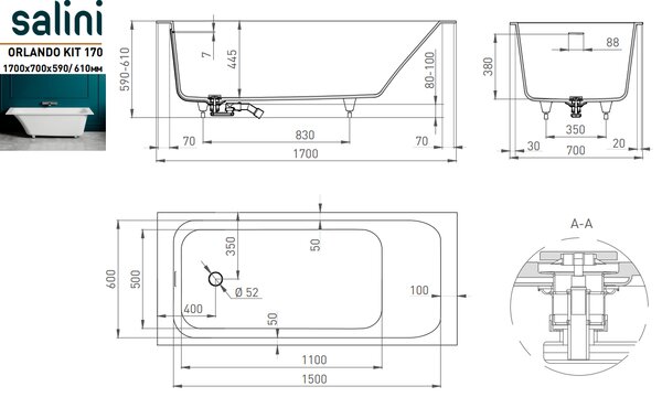 Ванна Salini ORLANDA  KIT 170х70 материал S-Sense 102111G покрытие Глянцевое