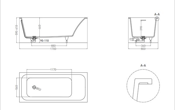 Ванна Salini ORLANDA KIT 170х80 материал S-Sense 102116M покрытие Матовое