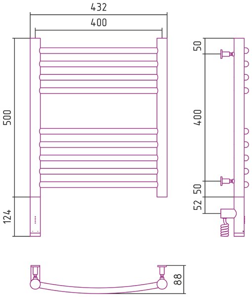 Полотенцесушитель электрический Сунержа Богема 3.0 выгнутая 500х400  МЭМ левый цвет Хром