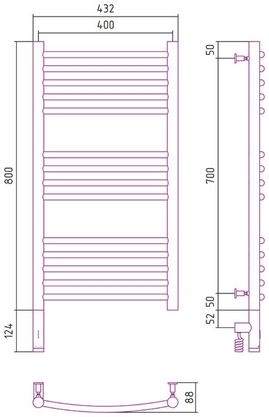 Полотенцесушитель электрический Сунержа Богема 3.0 выгнутая 800х400  МЭМ левый цвет Матовый чёрный