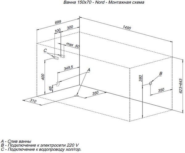 Акриловая ванна Aquanet Nord NEW 150x70 (с каркасом)