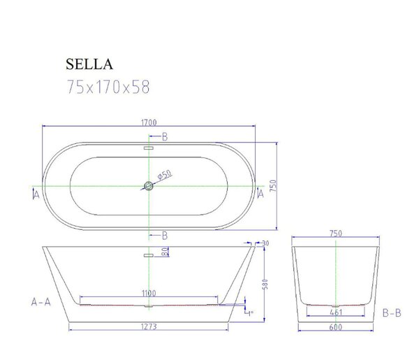 Ванна акриловая Ceruttispa SELLA 170х75 CT9040 Белая со сливом-переливом