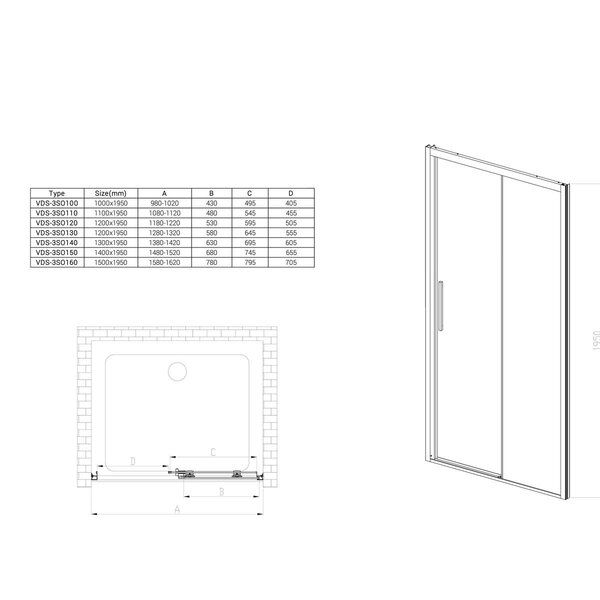 Душевая дверь Vincea Софт (Soft) VDS-3SO110CLB 110x195 см, профиль черный матовый. Размер регулировки 1080-1120 мм