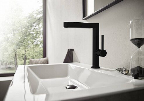Смеситель для раковины Hansgrohe Finoris 76060670 с поворотным изливом, со сливным клапаном Push-Open, матовый черный