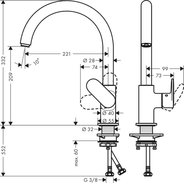 Кухонный смеситель 260 Hansgrohe Vernis Blend M35 71870670 с поворотным изливом, черный