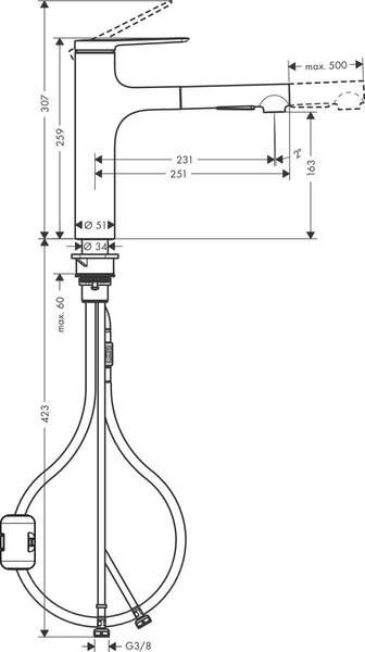 Смеситель для кухни Hansgrohe Zesis M33 74801800 с вытяжным душем, цвет сталь