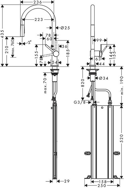 Кухонный смеситель 210, с вытяжным душем, 2jet, sBox Hansgrohe 72801000, хром