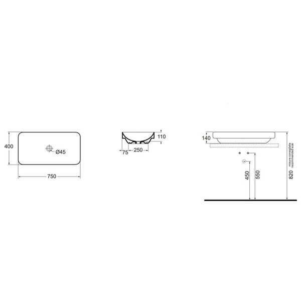 Раковина AZZURRA Elegance 75х40 см, без отв., накладная ELLG075400S0BI/(ESO75 bi)*0