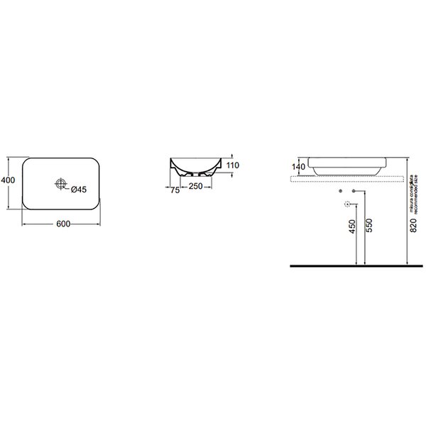 Раковина AZZURRA Elegance 60х40 см, без отв., накладная ELLG060400S0BI/(ESO60 bi)*0