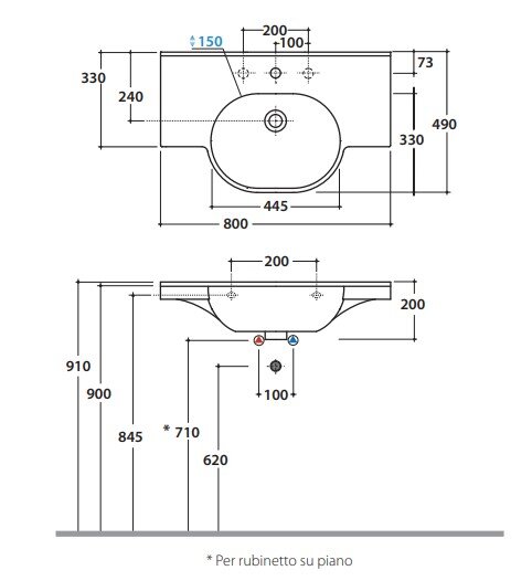 Раковина GLOBO Mode ME080BI*1, 80х49 см, с 1 отв. под смеситель