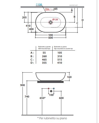 Раковина GLOBO T-Edge FI012BI на столешницу 60х41 см