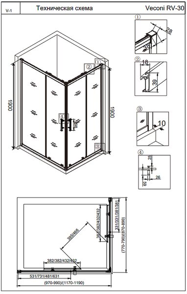 Душевой угол Veconi Rovigo RV-30B, 1000x900x1900 хром, стекло прозрачное