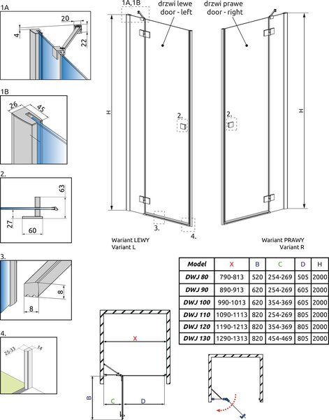 Душевая дверь Radaway Essenza New DWJ 130 см распашная профиль хром
