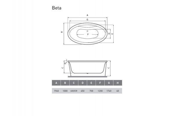 Ванна акриловая Vayer Beta Гл000006828, 194x100