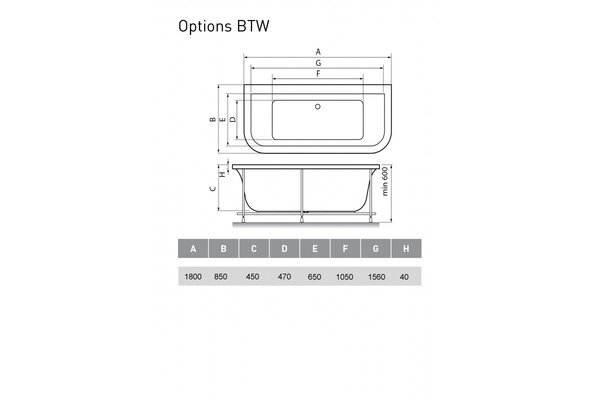 Ванна акриловая Vayer Options BTW Гл000006810, 180x85