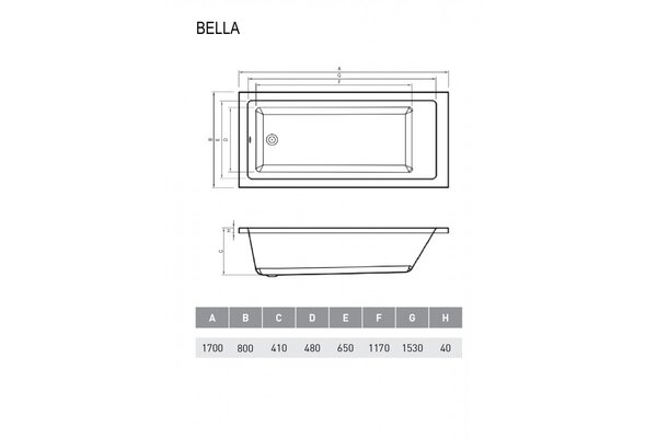 Ванна акриловая Relisan BELLA Гл000026031, 170x80