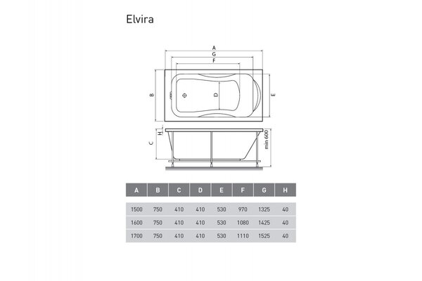 Ванна акриловая Relisan ELVIRA Гл000000979, 160x75