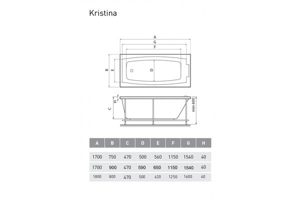 Ванна акриловая Relisan KRISTINA Гл000025600, 170x90