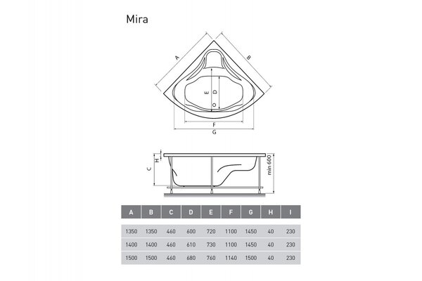 Ванна акриловая угловая Relisan MIRA Гл000000547, 150x150