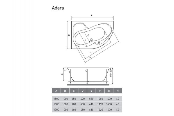 Ванна акриловая левосторонняя Relisan ADARA Гл000013733, 160x100