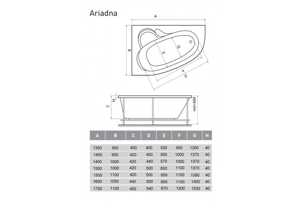 Ванна акриловая левосторонняя Relisan ARIADNA Гл000000537, 170x110